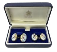 Pair of Halcyon Days hallmarked silver and enamel cufflinks depicting pigs