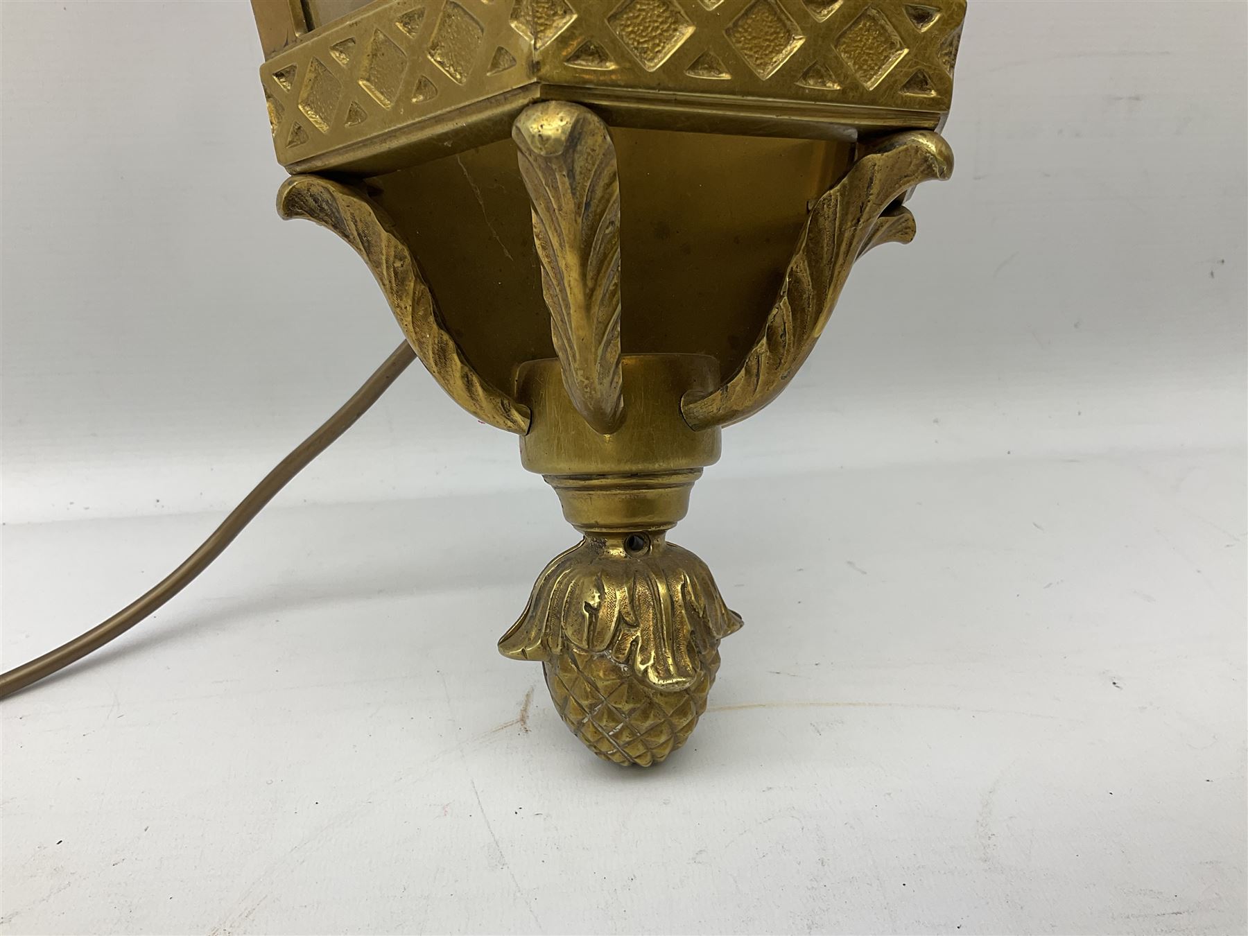 Brass and glass wall lantern of half hexagonal form and a three branch light fitting - Image 4 of 8