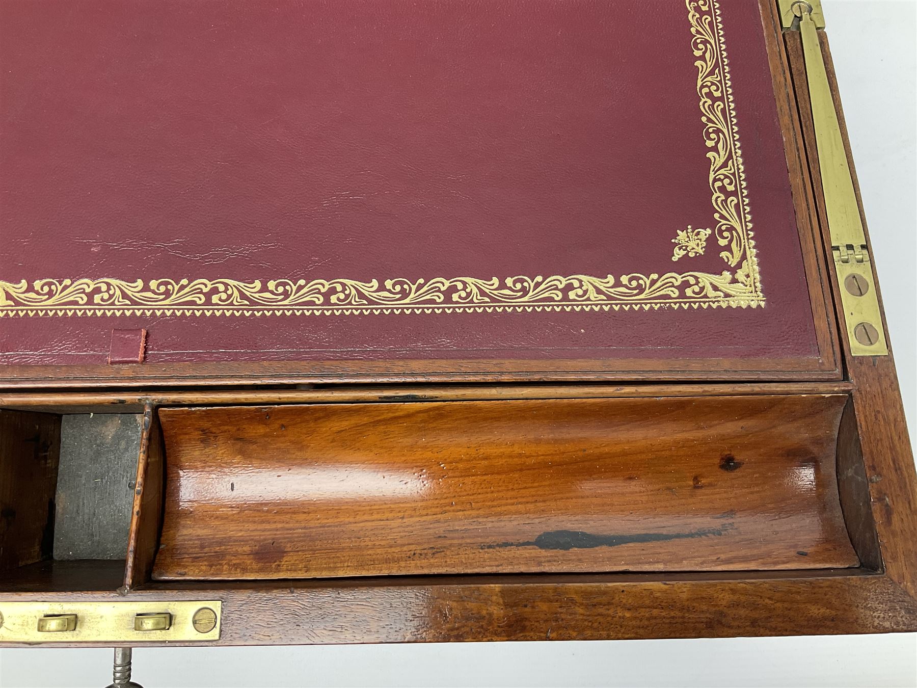 19th century mahogany and brass bound writing slope with twin drop carry handles to sides - Image 15 of 24