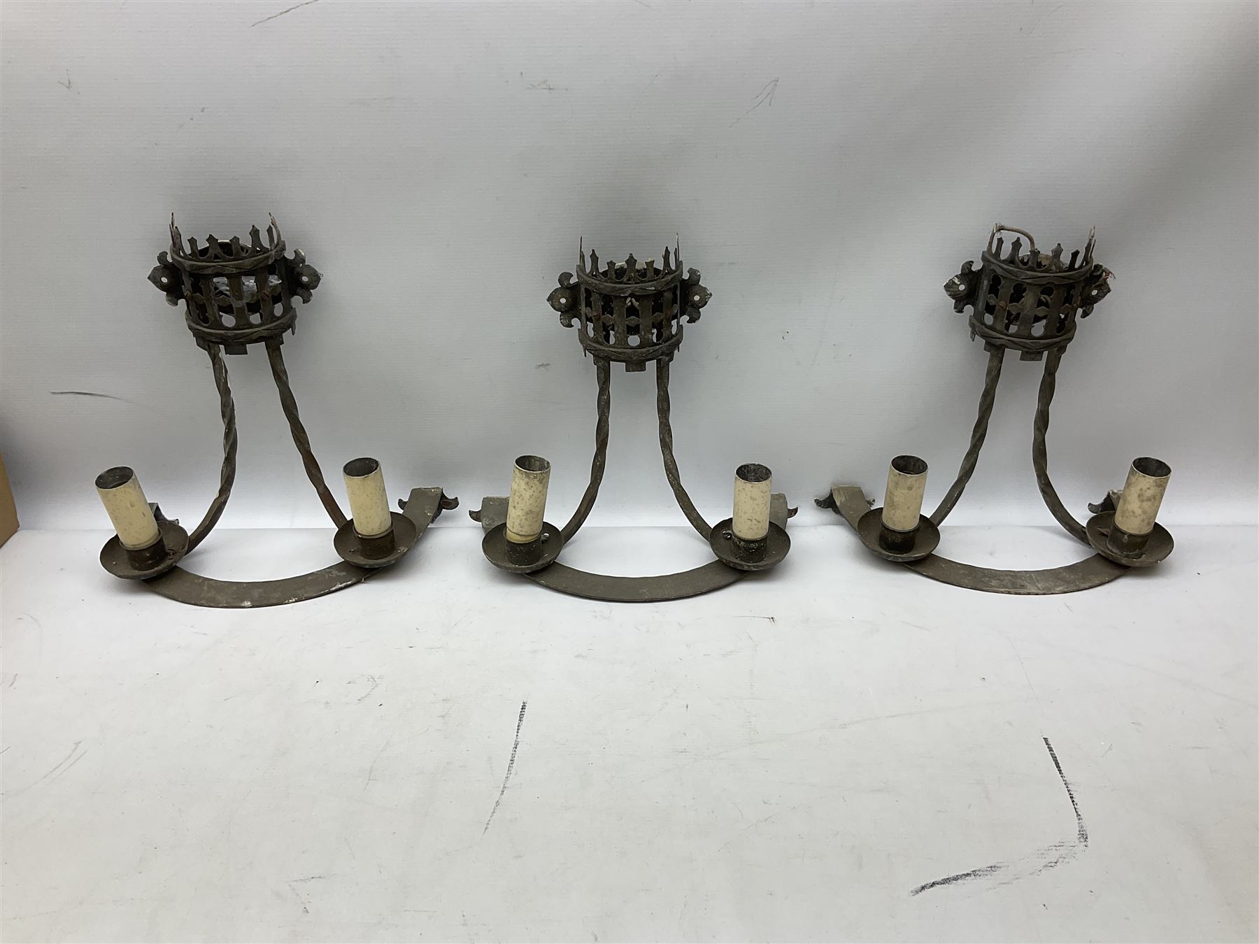 Gothic style iron chandelier with drip pans and twisted branches together with three matching twin w - Image 4 of 8