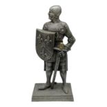 Cast iron fire companion set modelled as a knight in armour with fleur-de-lis shield and sword conce