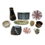 Collection of studio pottery to include Guy & Pip Perkins rectangular dish in blue glaze with geomet