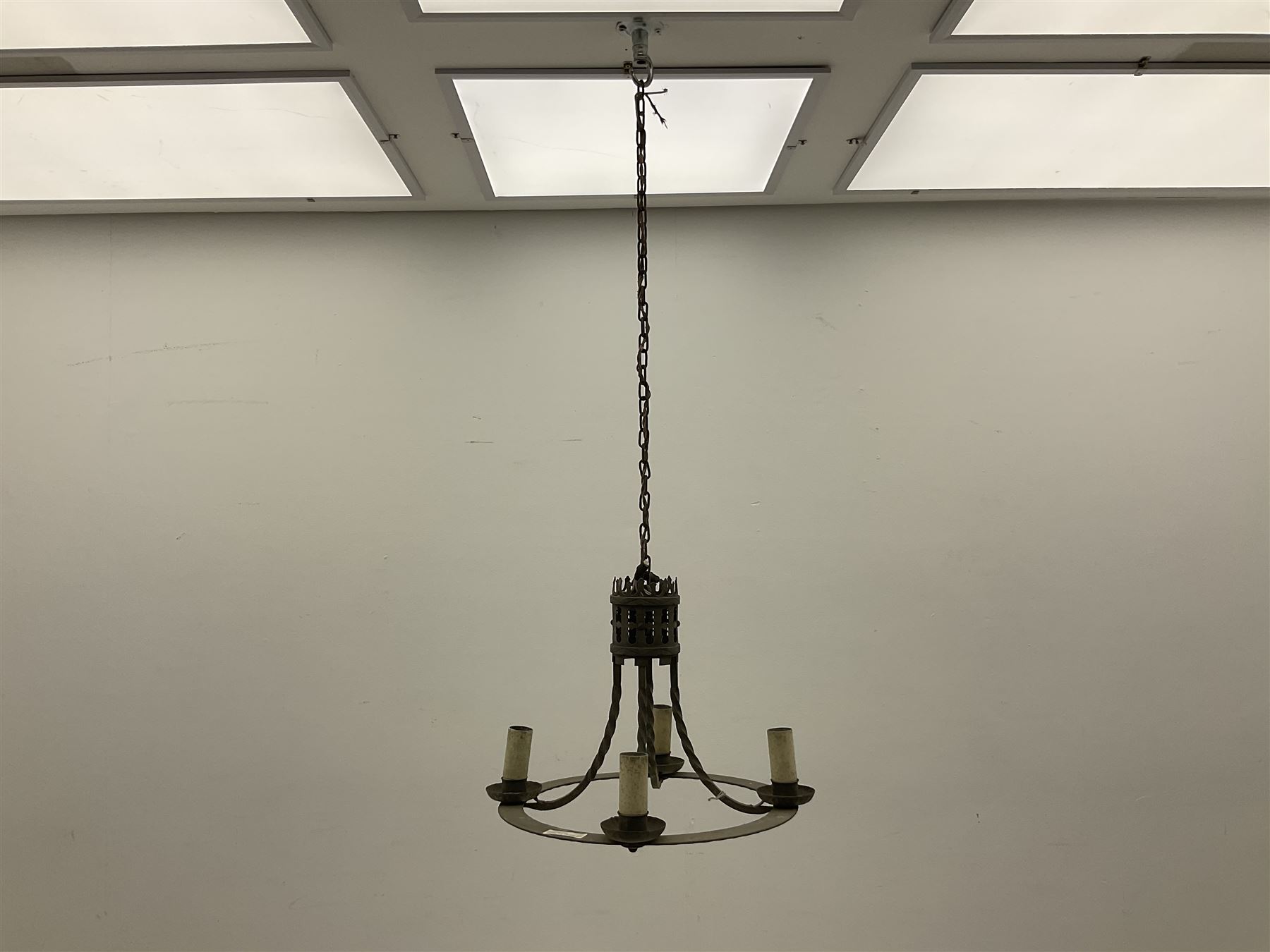 Gothic style iron chandelier with drip pans and twisted branches together with three matching twin w - Image 8 of 8