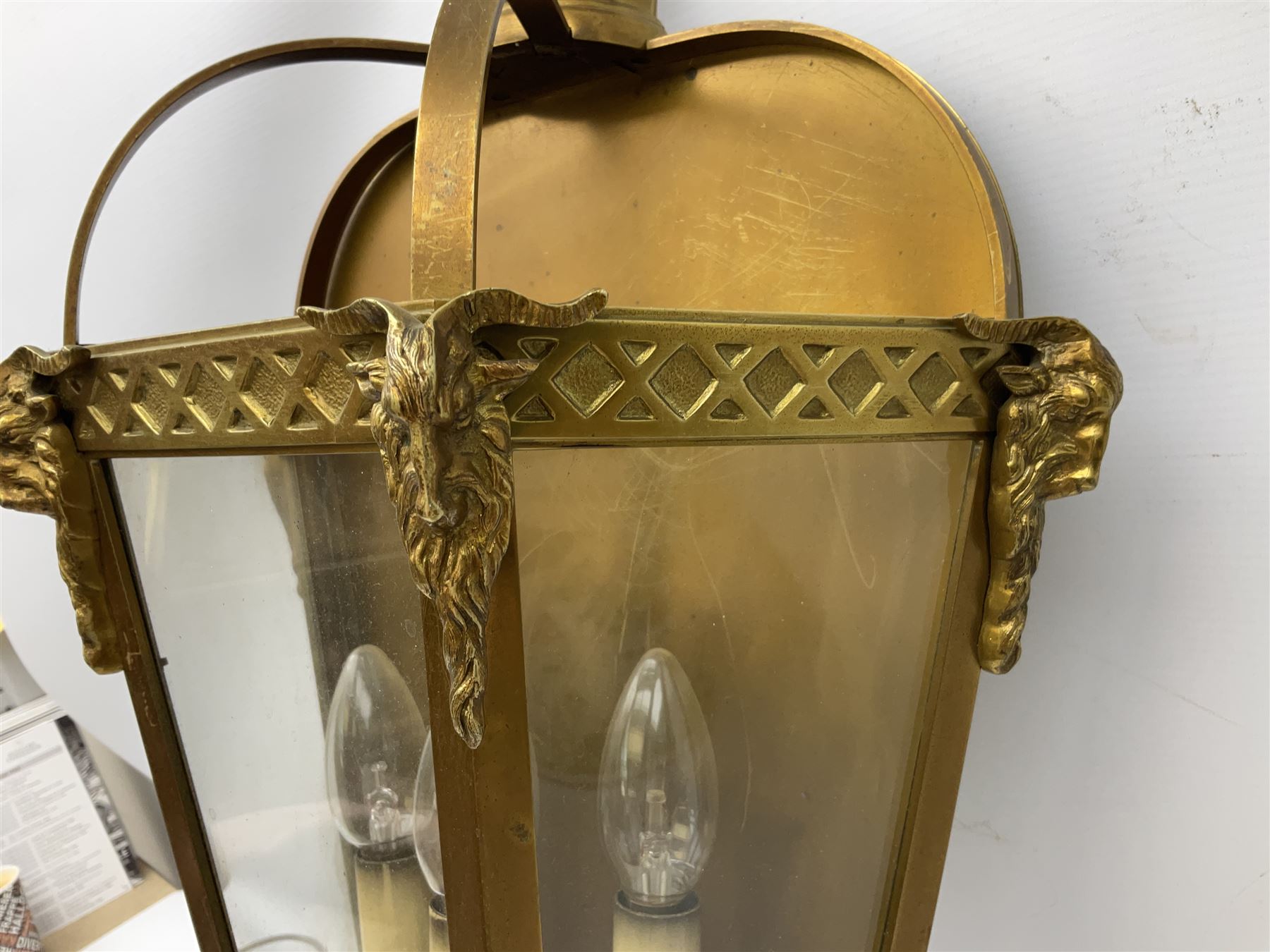 Brass and glass wall lantern of half hexagonal form and a three branch light fitting - Image 7 of 8