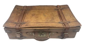 Late 19th/early 20th century stitched and studded leather portmanteau type suitcase with expanding l