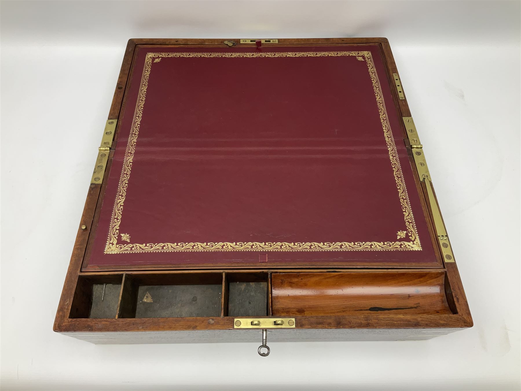 19th century mahogany and brass bound writing slope with twin drop carry handles to sides - Image 3 of 24