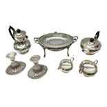 Collection of silver plate to include pair of Falstaff dwarf candlesticks in the 'Adam' style