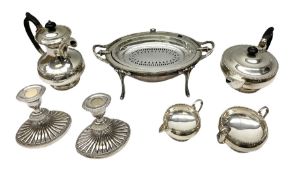 Collection of silver plate to include pair of Falstaff dwarf candlesticks in the 'Adam' style
