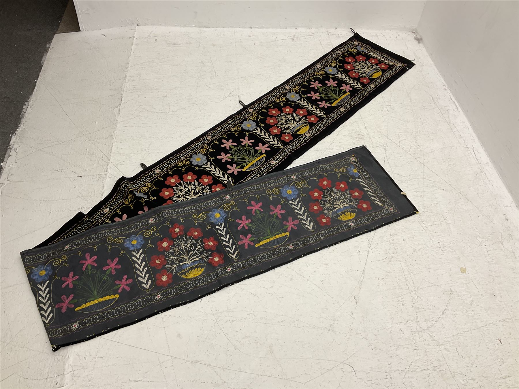 Large velvet crewel work wall hanging worked with bright colours with flowering planters within a st - Image 4 of 5