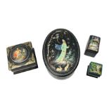 Four 20th century Russian lacquered and hand painted boxes