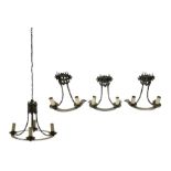 Gothic style iron chandelier with drip pans and twisted branches together with three matching twin w