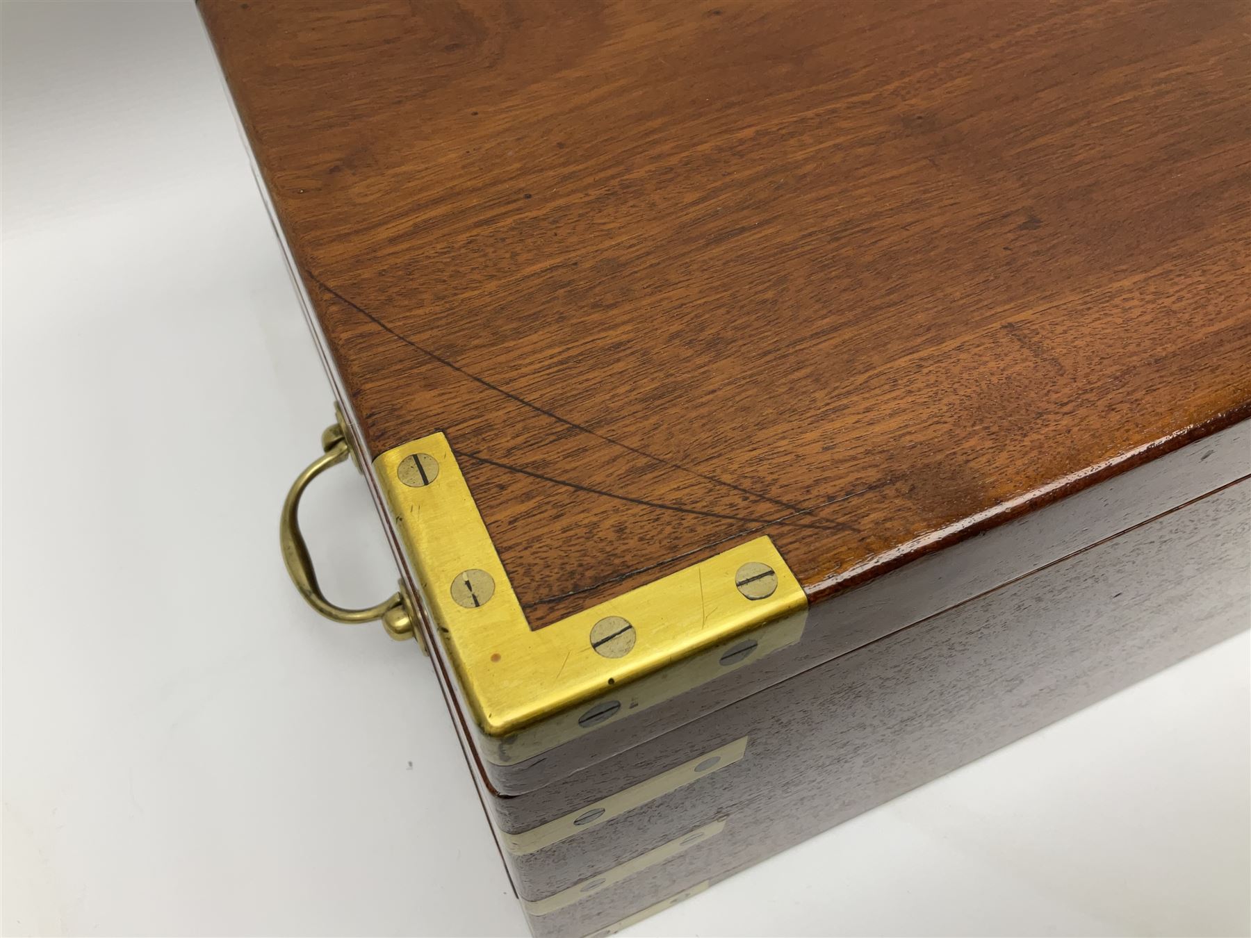 19th century mahogany and brass bound writing slope with twin drop carry handles to sides - Image 5 of 24