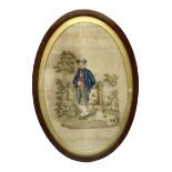 Early 19th Century oval petit point needlework depicting a young man by a tree with a dog in a mahog