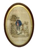 Early 19th Century oval petit point needlework depicting a young man by a tree with a dog in a mahog