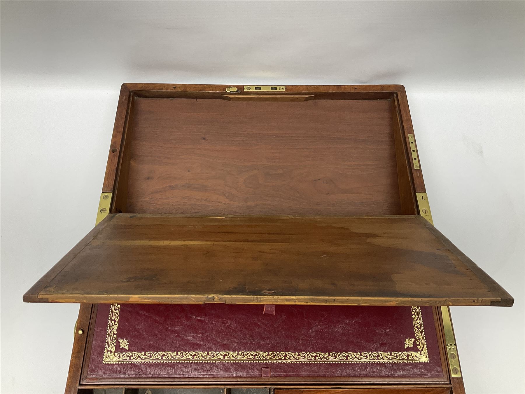 19th century mahogany and brass bound writing slope with twin drop carry handles to sides - Image 10 of 24