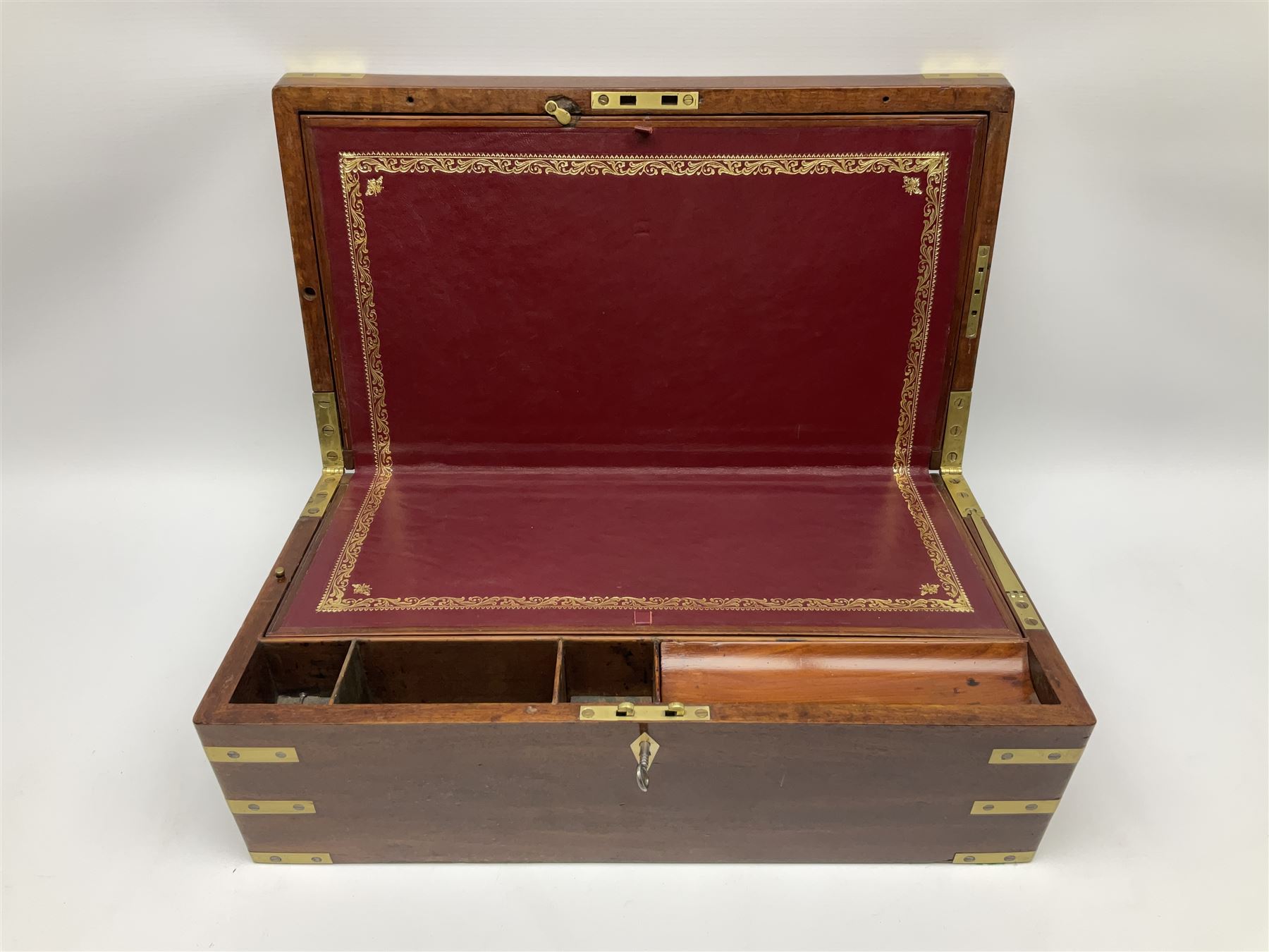 19th century mahogany and brass bound writing slope with twin drop carry handles to sides - Image 24 of 24