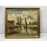 Nomans (Continental 20th century): River Landscape with Boats and Cottage
