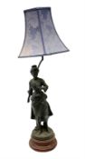 French figural spelter lamp modelled as a lady upon turned stepped circular base with blue fabric sh