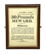 Early 19th century framed local interest York Post Office wanted poster