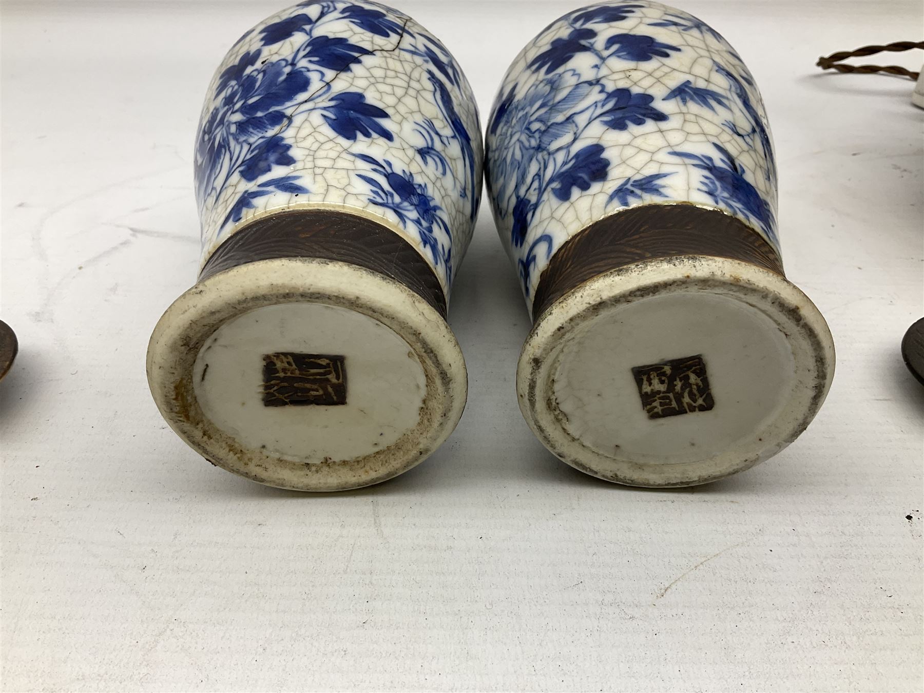 Pair of early 20th century Chinese crackle glaze vases of baluster form decorated with birds and blo - Image 7 of 7