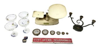 Kitchen scales and weights; Akta bronze candelabra; cast iron 'Post Office Telephones' sign; Owzthat