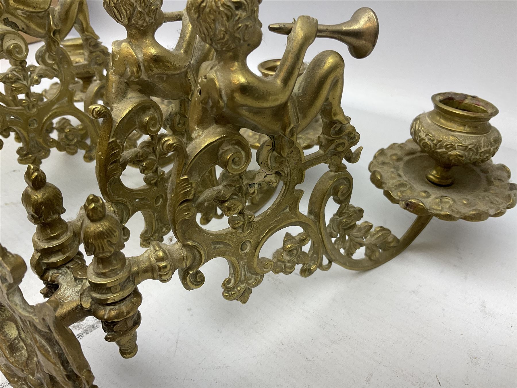 Two ornate brass wall sconces with twin branches modelled with cherubs playing trumpets - Image 5 of 5