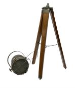 Reproduction metal spot light/lamp upon a wooden three leg tripod base