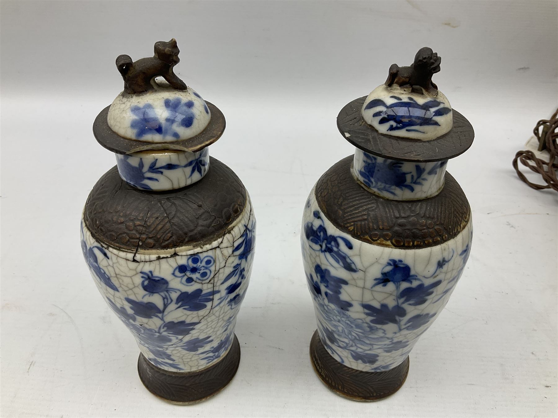 Pair of early 20th century Chinese crackle glaze vases of baluster form decorated with birds and blo - Image 3 of 7