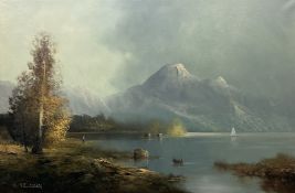 Karl Schmidbauer (Austrian 1921-1998): Mountainous Lake Landscape with Angler