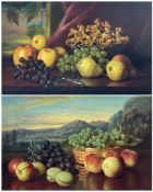 English School (early 20th century): Still Life of Fruit in Alpine Landscape and on Ledge