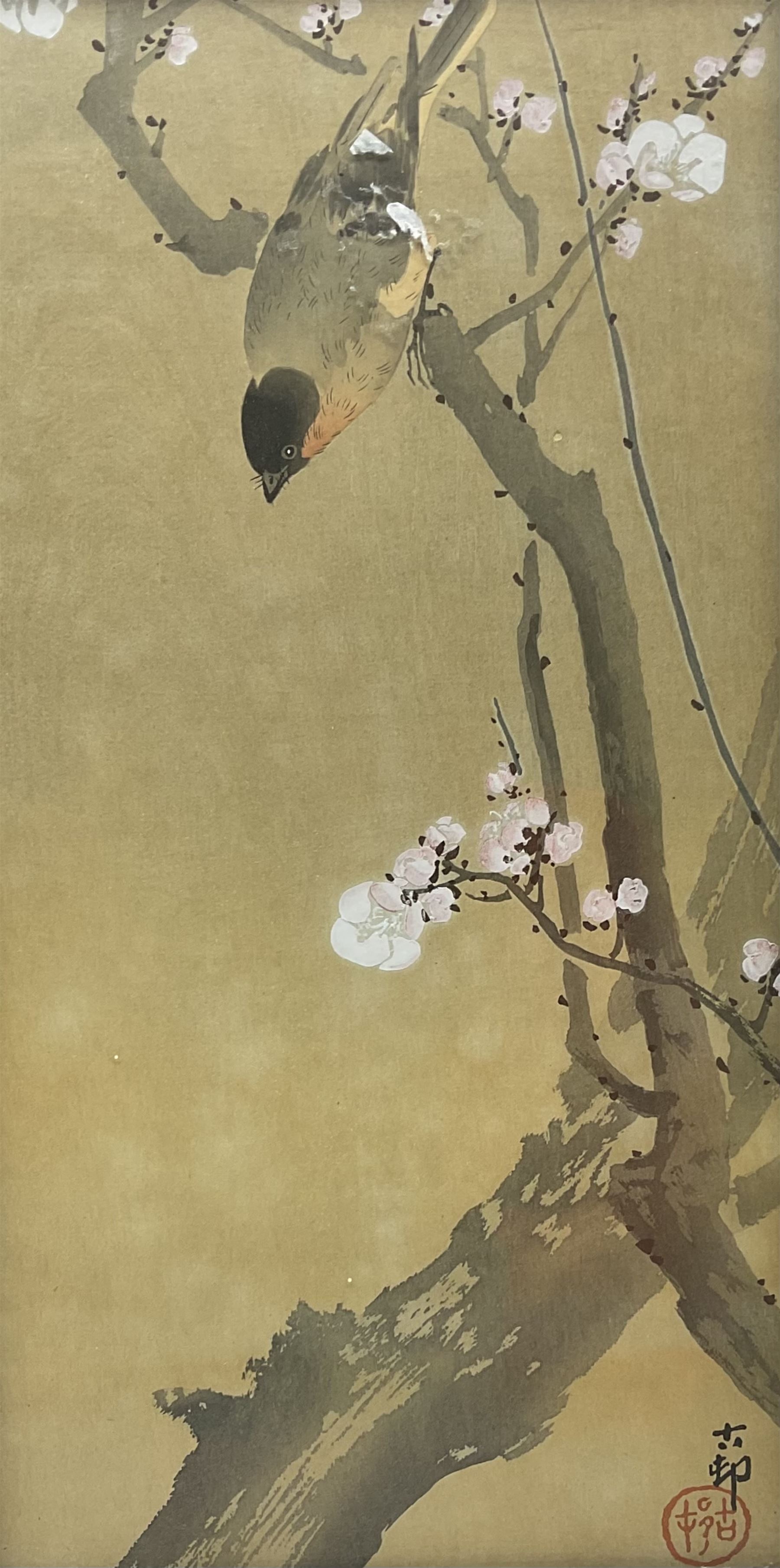 Japanese School (20th century): Peacock and Finch in Cherry Blossom Tree - Image 3 of 3