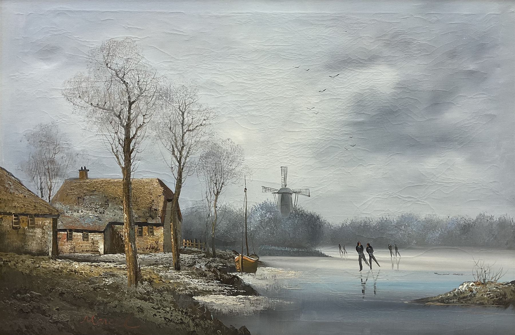 Continental School (20th century): Ice Skating on Dutch Canal