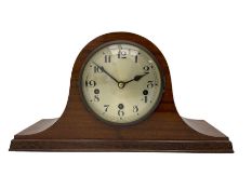 Sapele Mahogany cased tambour mantle clock c1950 with a three-train chiming movement