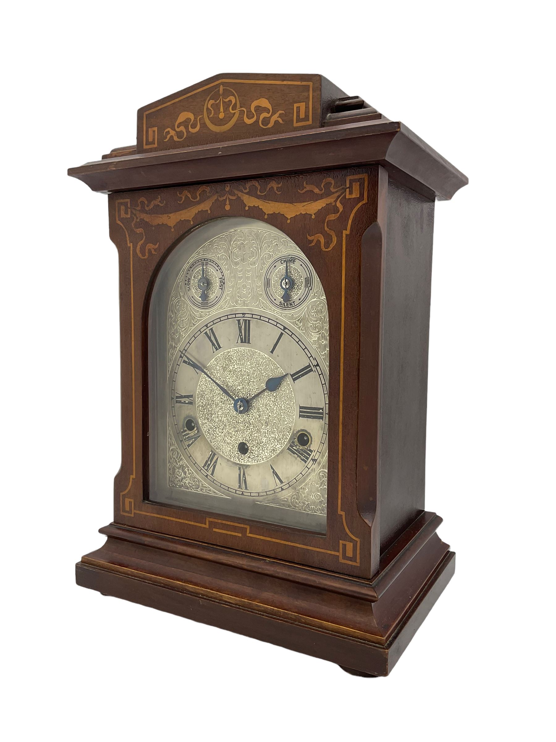 An Edwardian c1905 Westminster chiming mantle clock in a mahogany Sheraton style case with inlay an - Image 2 of 3