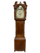 An Oak and Mahogany longcase clock with a Swans neck pediment and break arch hood door flanked by tw