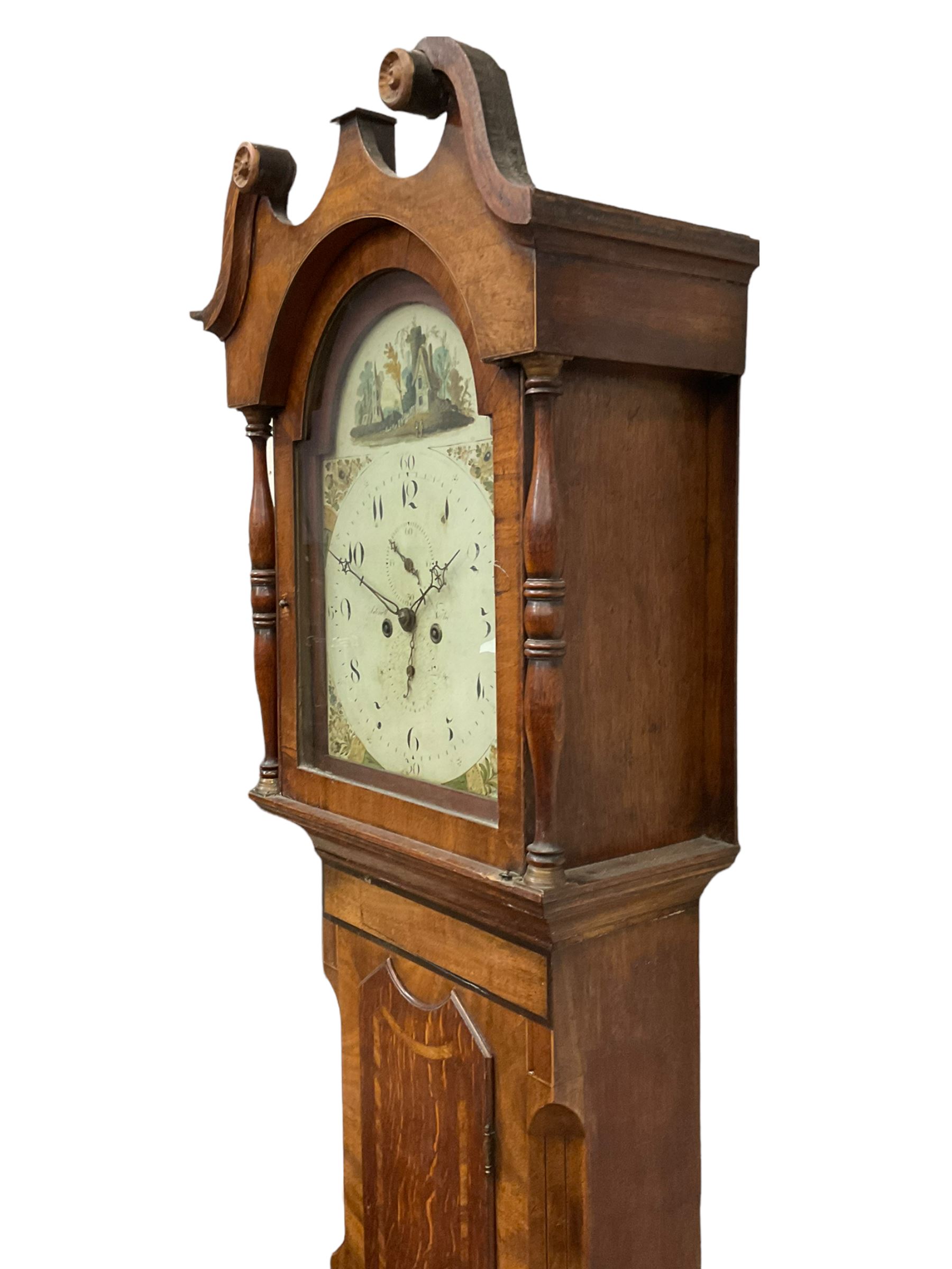 An Oak and Mahogany longcase clock with a Swans neck pediment and break arch hood door flanked by tw - Image 4 of 5