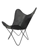 Metal framed butterfly chair upholstered in slung dark tan stitched leather