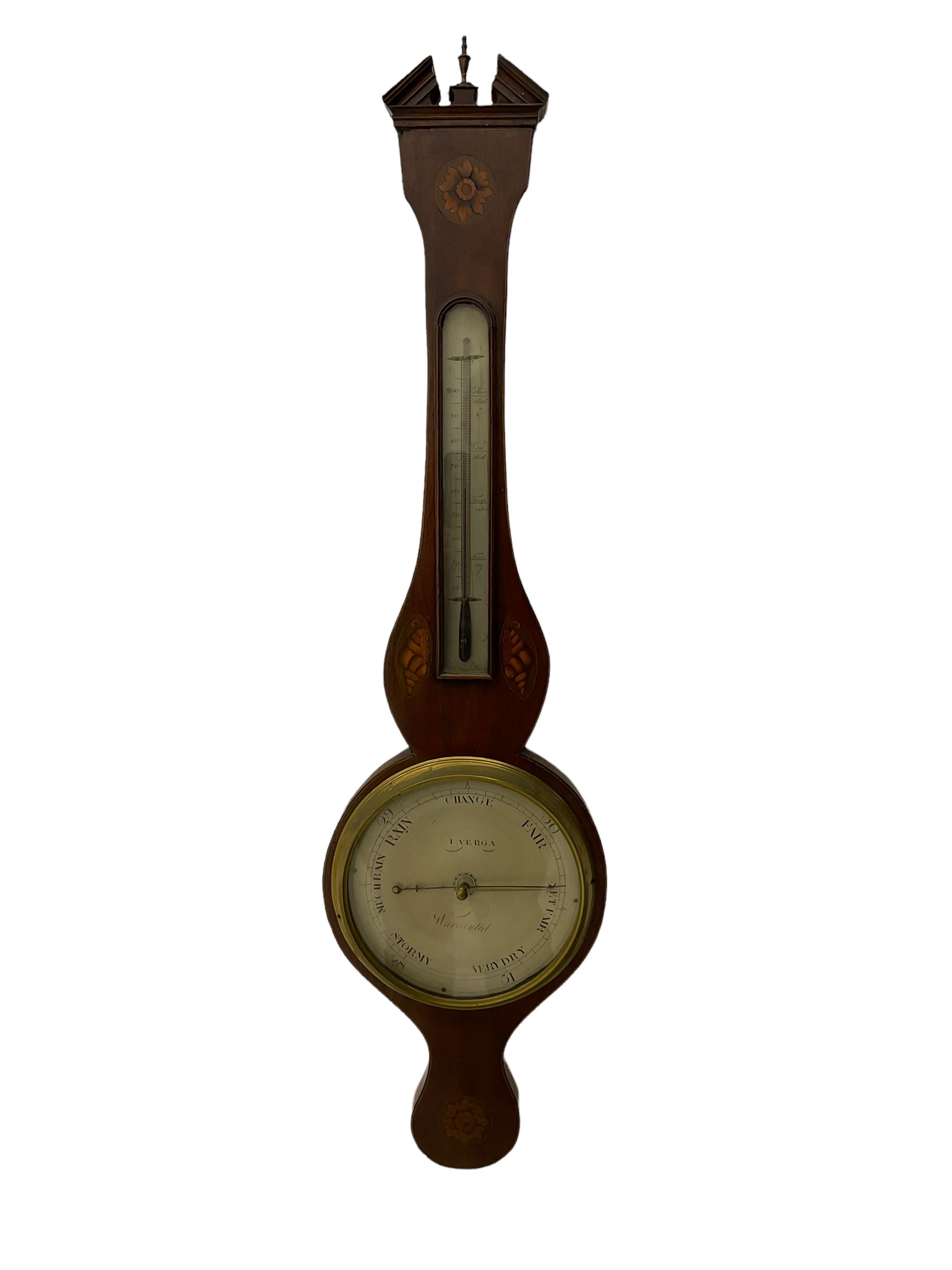 A William IV mercury wheel barometer c1830 with an inlaid broken pediment