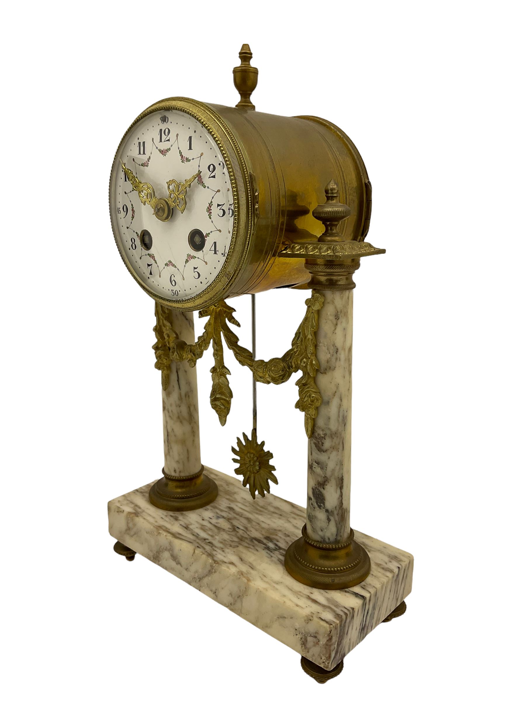 An early 20th century French portico clock c1910 with a gilt drum case raised on two variegated marb - Image 2 of 3