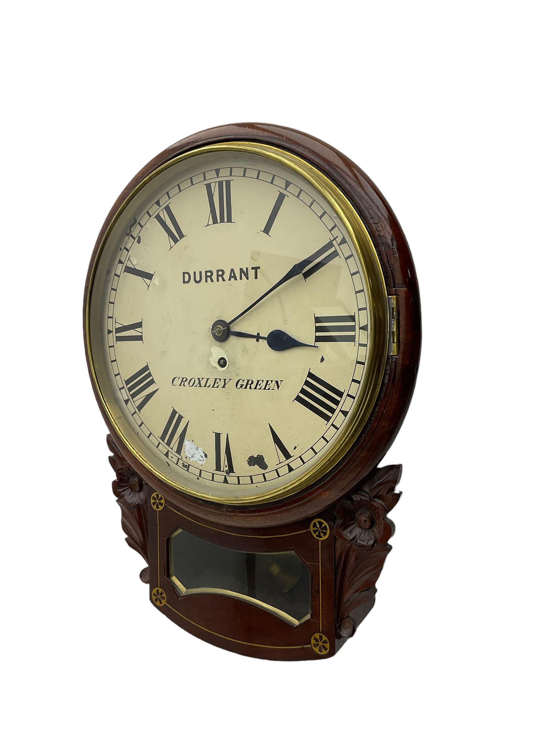 A late 19th century drop dial fusee wall clock in a mahogany case with brass inlay and a carved repr - Image 2 of 3