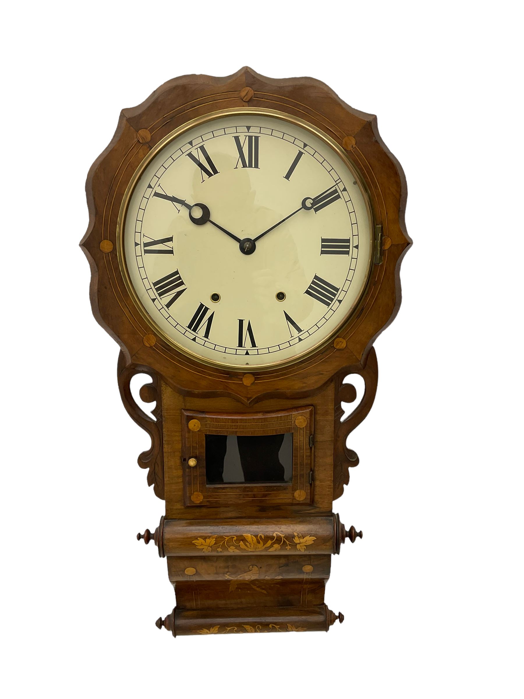 An American drop dial wall clock in a light mahogany case with inlay