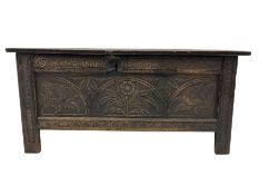 18th century Scandinavian heavily carved oak coffer blanket chest