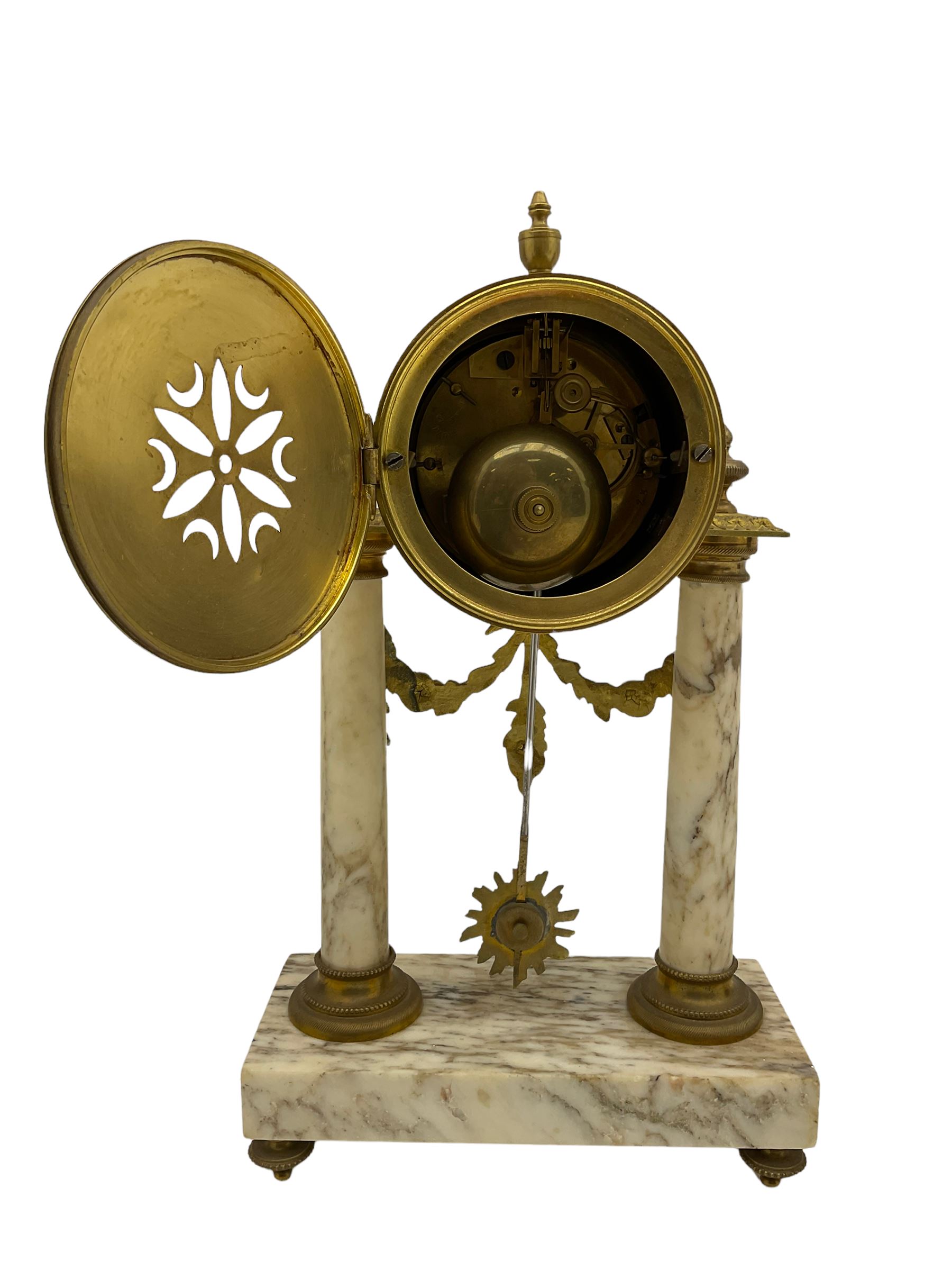 An early 20th century French portico clock c1910 with a gilt drum case raised on two variegated marb - Image 3 of 3