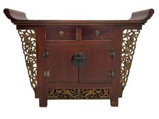 Chinese red lacquered elm side cabinet