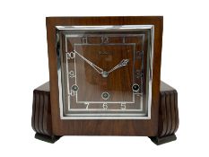 A 1930s "Bentima" Westminster chiming English art deco mantle clock in a stylised mahogany case