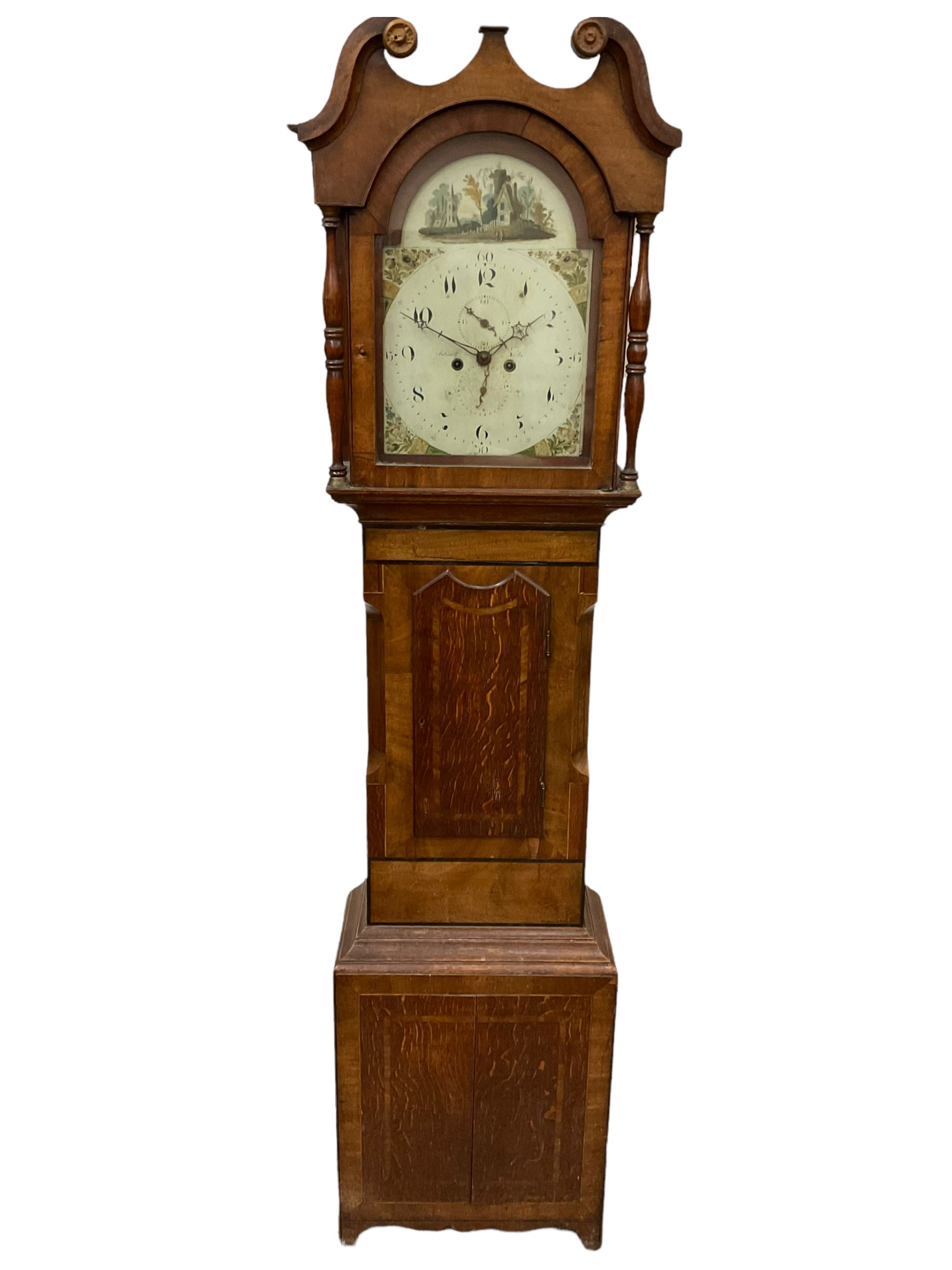 An Oak and Mahogany longcase clock with a Swans neck pediment and break arch hood door flanked by tw - Image 3 of 5