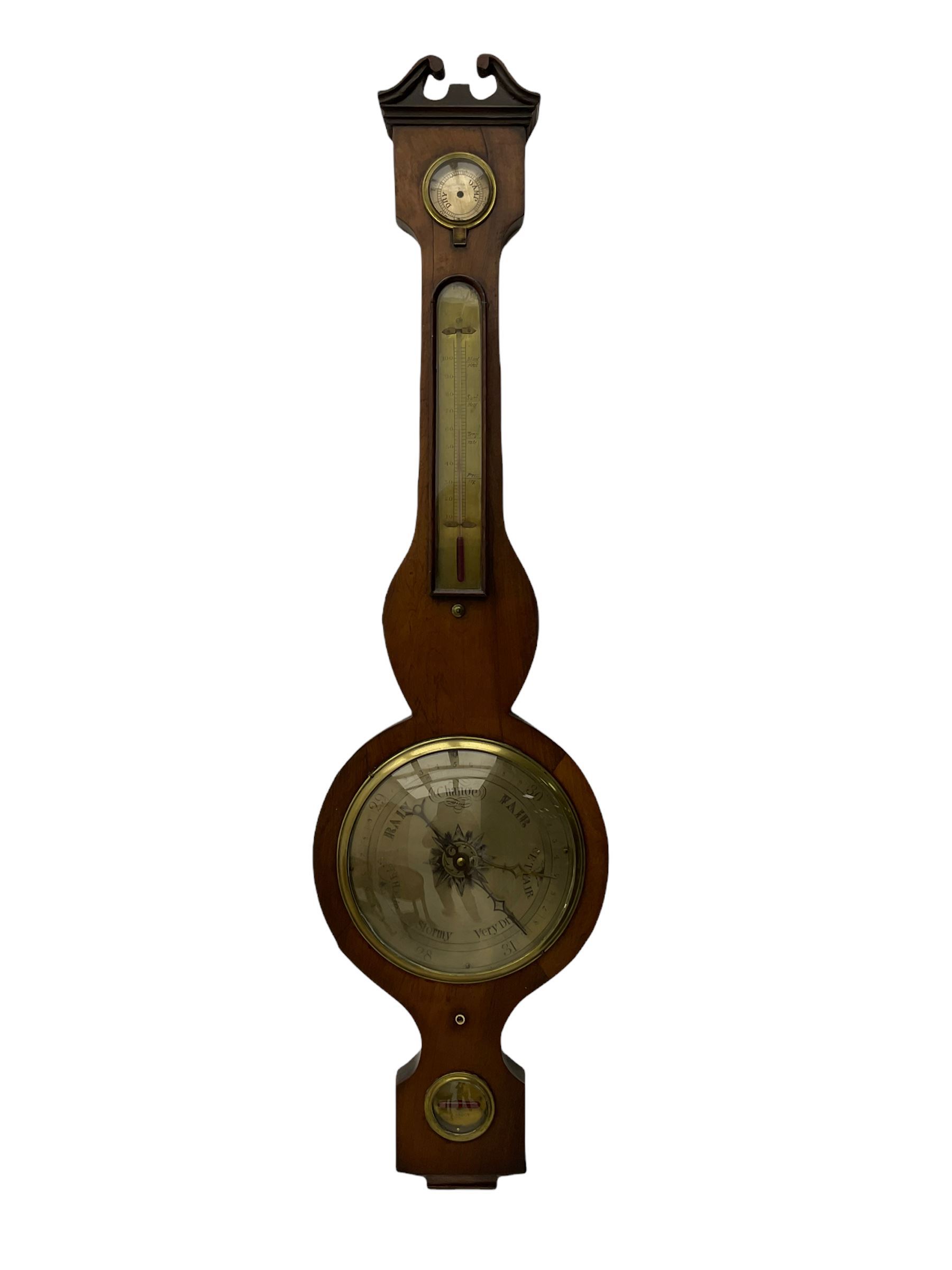 A 19th century four instrument mercury wheel barometer in a mahogany case with a swans neck pediment