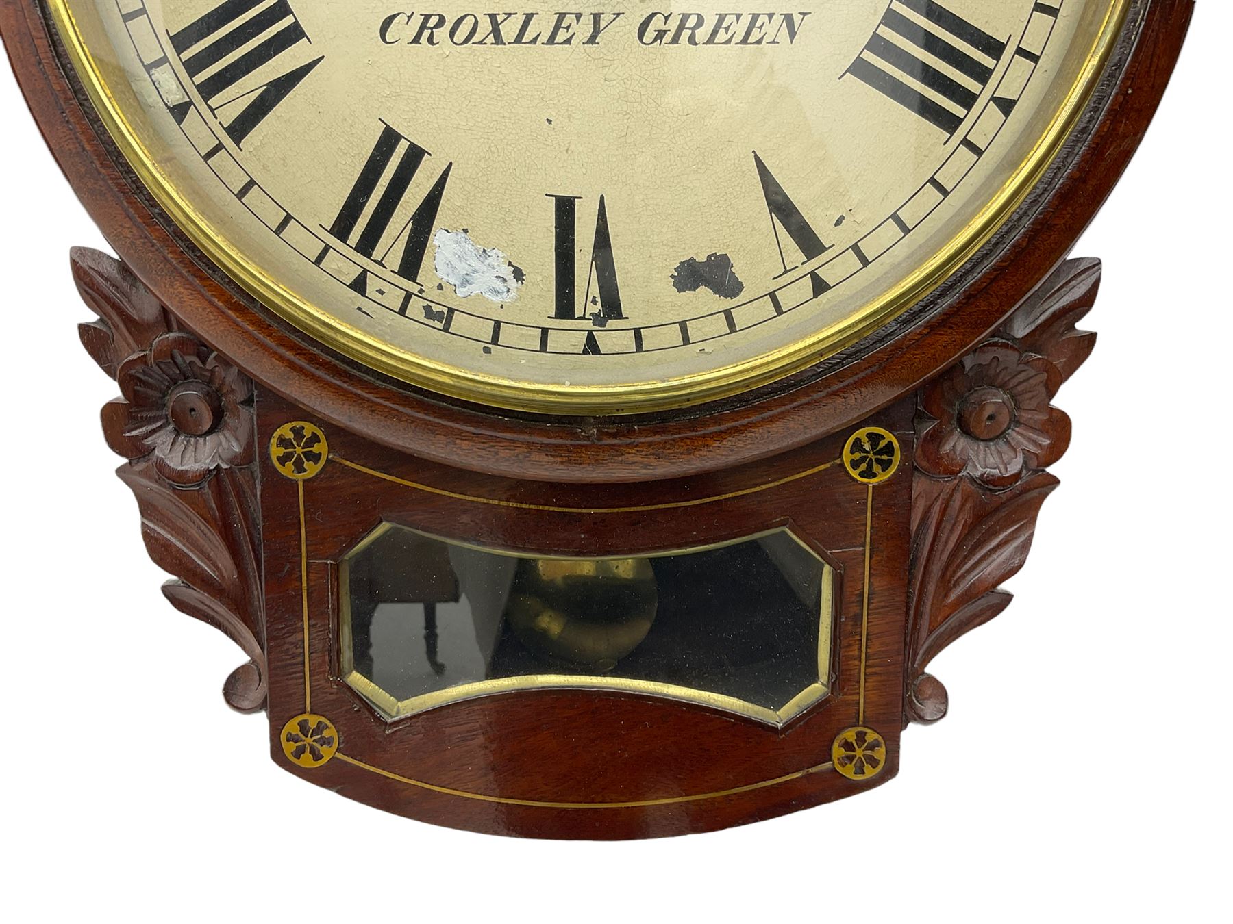 A late 19th century drop dial fusee wall clock in a mahogany case with brass inlay and a carved repr - Image 3 of 3