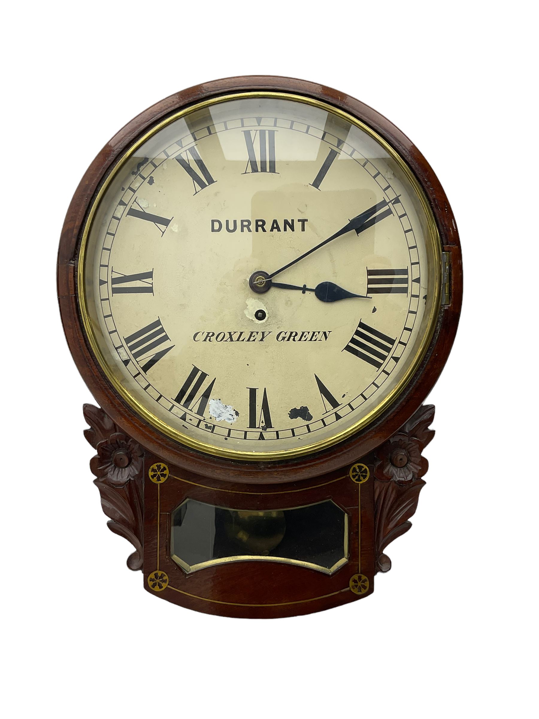 A late 19th century drop dial fusee wall clock in a mahogany case with brass inlay and a carved repr