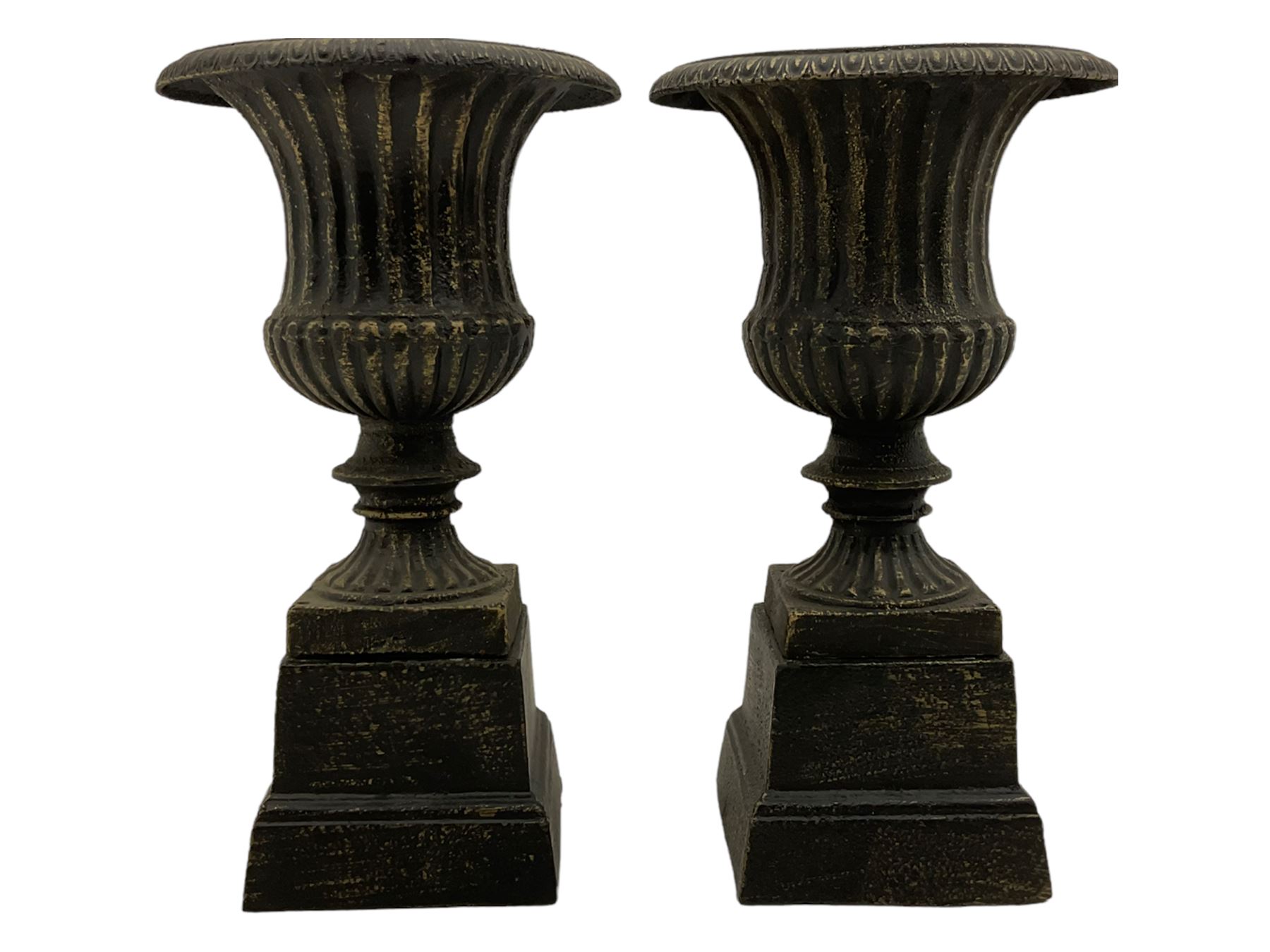 Pair of bronze finish small cast iron classical garden urns